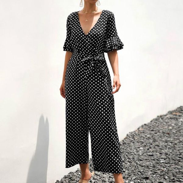 summer jumpsuit polka dot casual long pants ruffle short sleeve vintage boho fashion beach overalls women rompers1, Black;white 
summer jumpsuit polka dot casual long pants ruffle short sleeve vintage boho fashion beach overalls women rompers1, Black;white