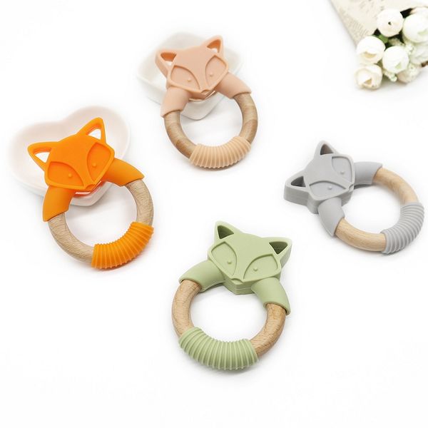 Fox Silicone Teether And Wood Teething Ring Baby Chewable Toys Wood Ring Food Grade Silicone Soother Infant Gifts M2975