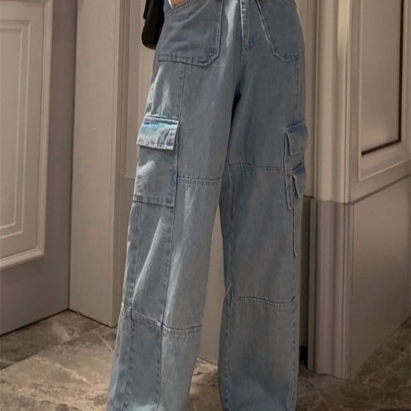 high waist loose straight side big pocket cargo fashion boyfriend pant women jean korean denim summer baggy streetwear vintage lj201029, Blue
high waist loose straight side big pocket cargo fashion boyfriend pant women jean korean denim summer baggy streetwear vintage lj201029, Blue