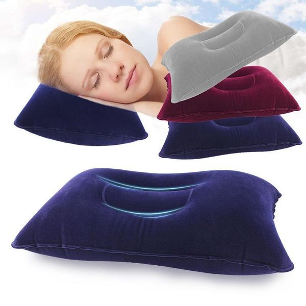 

portable inflatable pillow travel air cushion double sided flocking cushion camp beach car plane l head rest bed sleep e11531