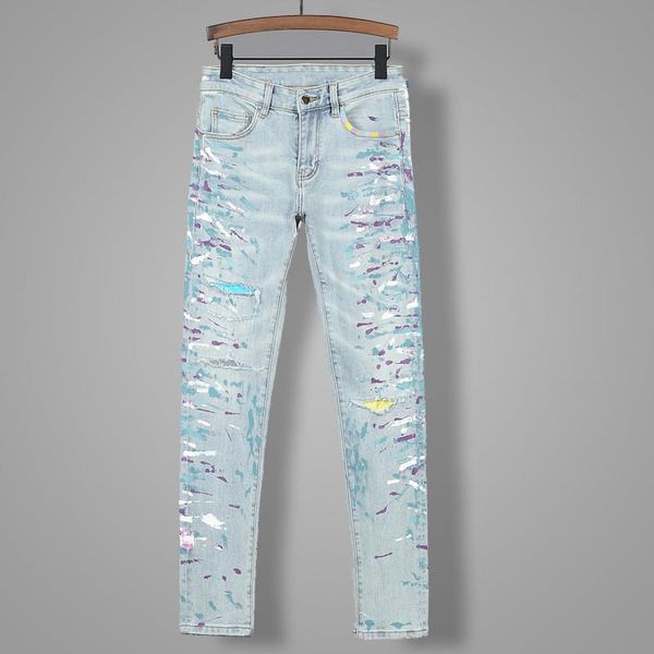 moruancle man ripped painted jeans pants fashion hi street distressed printed denim trousers for male streetwear brand designer, Blue
moruancle man ripped painted jeans pants fashion hi street distressed printed denim trousers for male streetwear brand designer, Blue