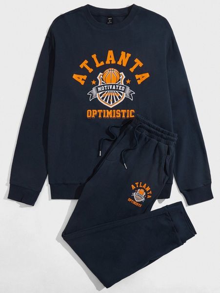 men letter and basketball print pullover & drawstring waist sweatpants c7xy#, Gray