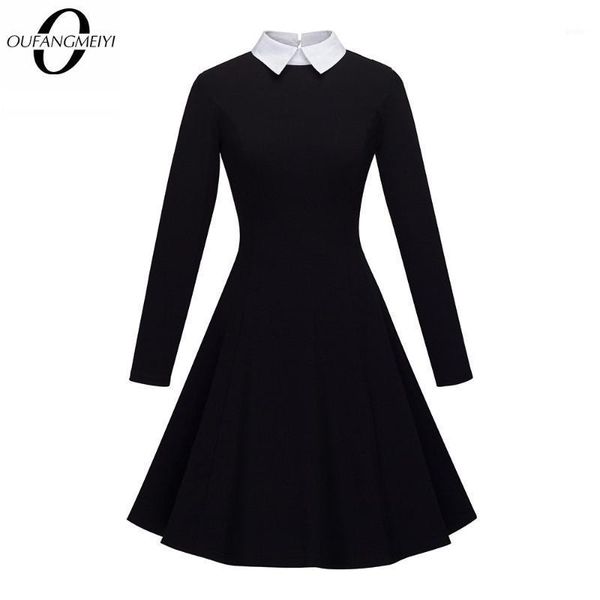 women elegant formal business pleated classic turn-down collar morden a-line dress ea0161, Black;gray 
women elegant formal business pleated classic turn-down collar morden a-line dress ea0161, Black;gray