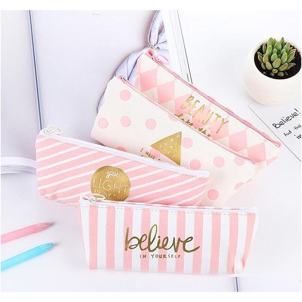 New Fresh Pink Stripe Casev Pencil Bag School Supplies Stationery Estojo Escolar Material Escolar Pencil Case Zxbsq