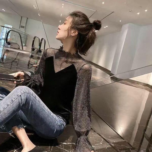 women's polos spring and autumn 2021 dress with mesh lace velvet backing top, White
women's polos spring and autumn 2021 dress with mesh lace velvet backing top, White