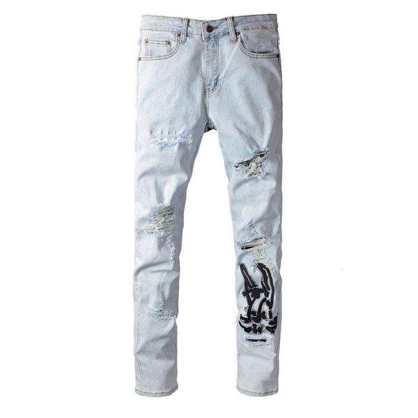2021 new men's male trousers street fashion brand light-colored embroidery knife cut hole jeans mens stretch slim denim pants cov5, Blue
2021 new men's male trousers street fashion brand light-colored embroidery knife cut hole jeans mens stretch slim denim pants cov5, Blue
