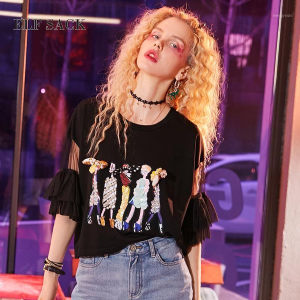 elf sack women sweet kawaii summer tee shirts womens printing sequined beading ruffles sleeve female o neck casual tees t1, White
elf sack women sweet kawaii summer tee shirts womens printing sequined beading ruffles sleeve female o neck casual tees t1, White