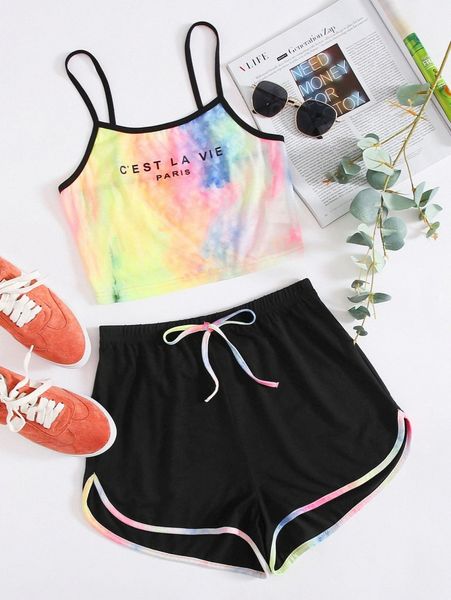 slogan graphic tie dye cami and dolphin shorts set m3uj#, White