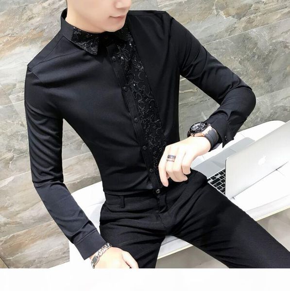 2018 new hairstylist personality men's clothes male fashion slim lace stitching long sleeves shirt men nightclub men's casual shir, White;black
2018 new hairstylist personality men's clothes male fashion slim lace stitching long sleeves shirt men nightclub men's casual shir, White;black