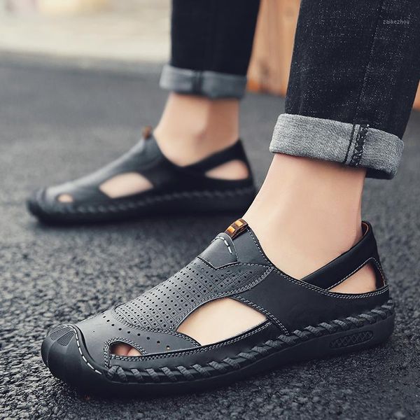 new style summer men sandals genuine leather sandals men closed-toe outdoor sandalia masculina1, Black