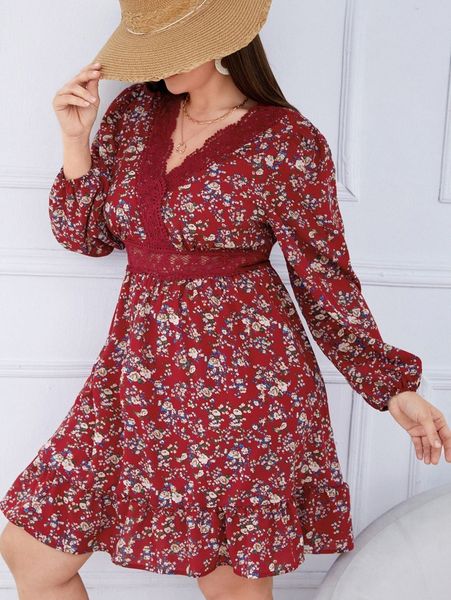 plus floral print guipure lace insert lantern sleeve ruffle hem dress u0hz#, Black
plus floral print guipure lace insert lantern sleeve ruffle hem dress u0hz#, Black