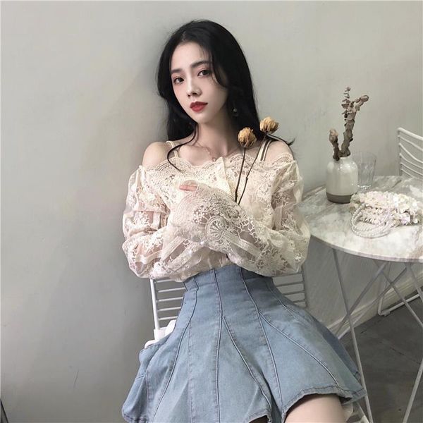 women's clothing vintage lace floral strapless slash neck long sleeve women blouses perspective women shirts new spring, White
women's clothing vintage lace floral strapless slash neck long sleeve women blouses perspective women shirts new spring, White