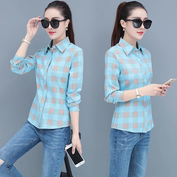blue plaid korean style office lady workwear elegant slim long sleeve shirt plus size turndown collar women blouse, White
blue plaid korean style office lady workwear elegant slim long sleeve shirt plus size turndown collar women blouse, White