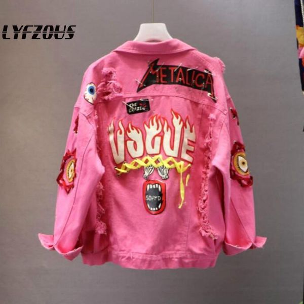women's jackets women jean jacket spring graffiti alphabet print chains denim pink yellow metal ring ripped holes student basic coat, Black;brown
women's jackets women jean jacket spring graffiti alphabet print chains denim pink yellow metal ring ripped holes student basic coat, Black;brown