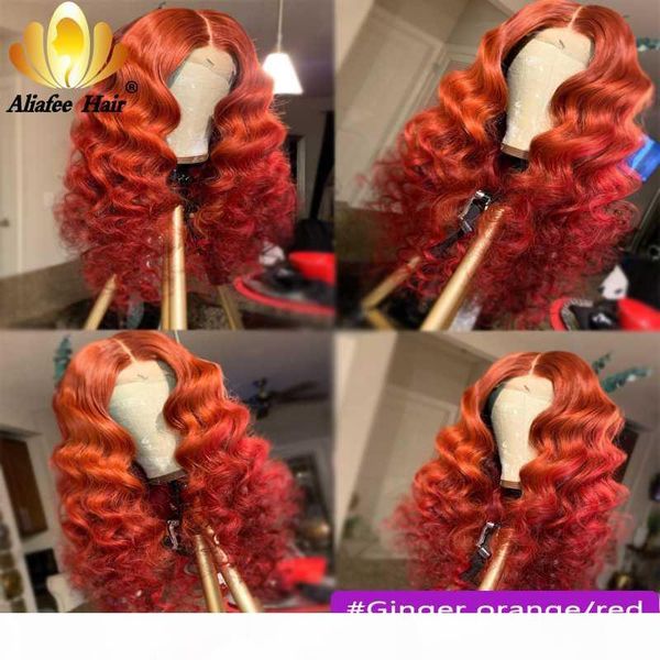 

loose wave wig orange red ombre colored 13x4 lace front wigs remy glueless 100% curly human hair wig 150% density with baby hair, Black;brown