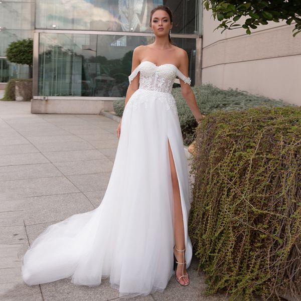 2021 new off the shoulder a line wedding with side slit sweetheart appliques sweep train bridal gown robe de mariee 365v, White
2021 new off the shoulder a line wedding with side slit sweetheart appliques sweep train bridal gown robe de mariee 365v, White