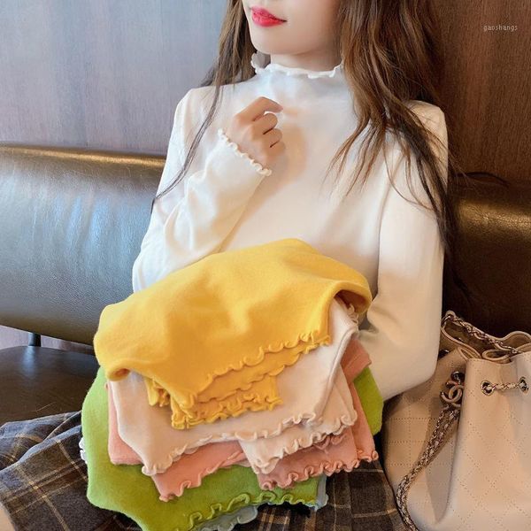 thin half high collar knitted pullover women 2020 autumn winter long sleeve bottoming sweater candy color slim ruffle jumper, White;black 
thin half high collar knitted pullover women 2020 autumn winter long sleeve bottoming sweater candy color slim ruffle jumper, White;black