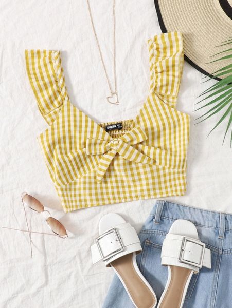 tie front gingham shirred 04fb#, White