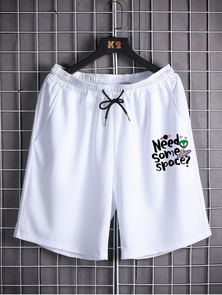 men alien & slogan graphic drawstring shorts e8mc#, Black 
men alien & slogan graphic drawstring shorts e8mc#, Black