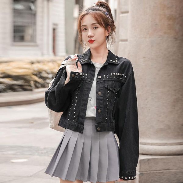 women's jackets 2021 coat female spring beaded black loose fashion denim jacket short high waist, Black;brown
women's jackets 2021 coat female spring beaded black loose fashion denim jacket short high waist, Black;brown