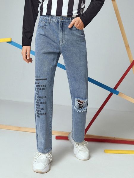 men slogan graphic ripped jeans y0tn#, Blue 
men slogan graphic ripped jeans y0tn#, Blue