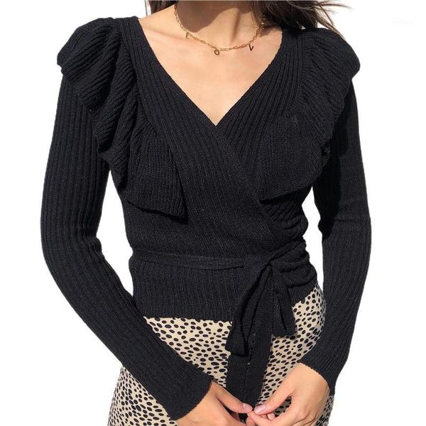 women 2021 autumn sweaters ruffles deep v-neck sweater loose long sleeve vintage solid crossed party knitting shirt1, White;black
women 2021 autumn sweaters ruffles deep v-neck sweater loose long sleeve vintage solid crossed party knitting shirt1, White;black