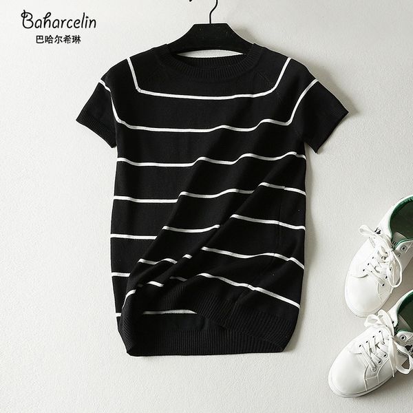 baharcelin women girl summer short sleeve pullovers o neck knitted sweaters striped basic knitwear outwear clothing y200720, White;black
baharcelin women girl summer short sleeve pullovers o neck knitted sweaters striped basic knitwear outwear clothing y200720, White;black
