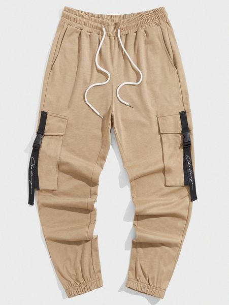 men contrast letter tape flap pocket drawstring waist sweatpants z24n#, Black
men contrast letter tape flap pocket drawstring waist sweatpants z24n#, Black