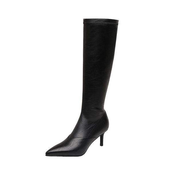 lmyom brand genuine leather look thin pointed toe stiletto boots skinny boots knee-length small stretch mid-heel, Black