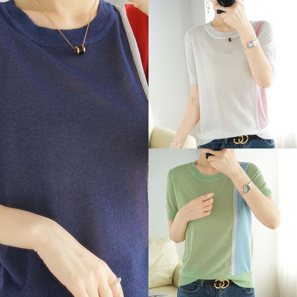 new summer ice silk round neck color matching short sleeve t-shirt women's loose korean version versatile contrast color t-shirt half s, White
new summer ice silk round neck color matching short sleeve t-shirt women's loose korean version versatile contrast color t-shirt half s, White