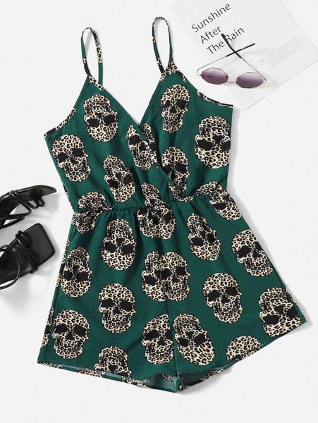 leopard skeleton print cami romper w1du#, White