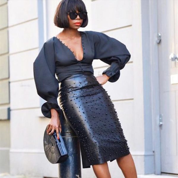 women black pu faux leather skirt pearl beading high waisted pencil skirt office lady back slit knee length midi female
women black pu faux leather skirt pearl beading high waisted pencil skirt office lady back slit knee length midi female