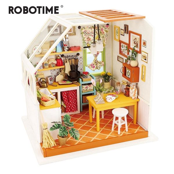 Robotime Diy Jason's Kitchen With Furniture Children Miniature Wooden Doll House Model Building Dollhouse Toys Dg105 Y200413