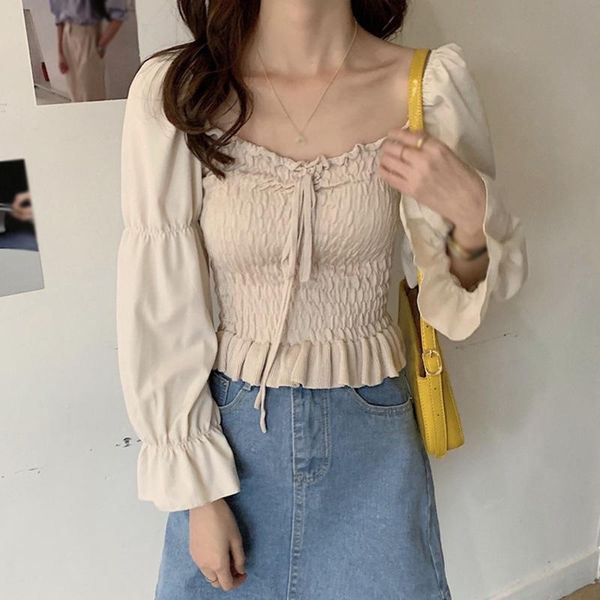 2020 women's square collar solid patchwork sweet exposed navel long sleeve shirt blouses, White
2020 women's square collar solid patchwork sweet exposed navel long sleeve shirt blouses, White