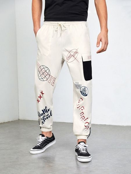 men pocket patched letter and graphic print pants g9bw#, Black 
men pocket patched letter and graphic print pants g9bw#, Black