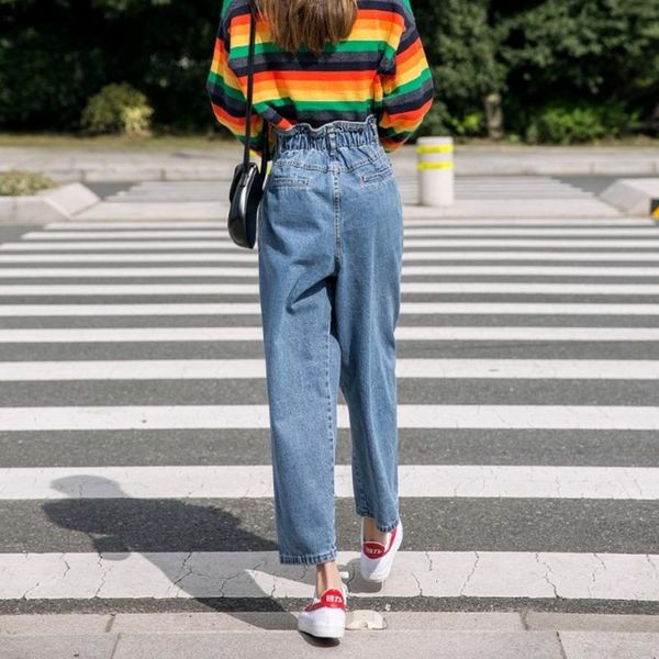 elastic high waisted wide leg jeans denim jeans front pockets korean style women ankle-length loose, Blue
elastic high waisted wide leg jeans denim jeans front pockets korean style women ankle-length loose, Blue
