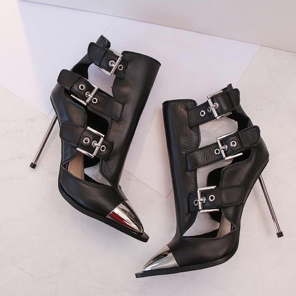 women cut out ankle booties thin high heel pointed toe runway shoes buckle decor metal toe cow genuine leather shoes, Black
women cut out ankle booties thin high heel pointed toe runway shoes buckle decor metal toe cow genuine leather shoes, Black