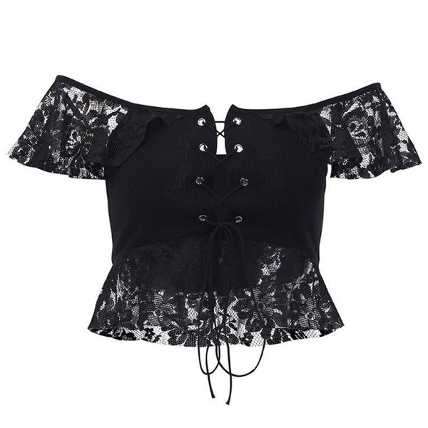 women vintage punk black crop off shoulder cross bandage shirt floral lace ribbed knit blouse party clubwear, White
women vintage punk black crop off shoulder cross bandage shirt floral lace ribbed knit blouse party clubwear, White
