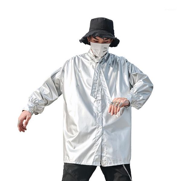 men long sleeve tie collar shining loose silvery shirt male streetwear hip hop party dress shirt coat stage costumes1, White;black
men long sleeve tie collar shining loose silvery shirt male streetwear hip hop party dress shirt coat stage costumes1, White;black