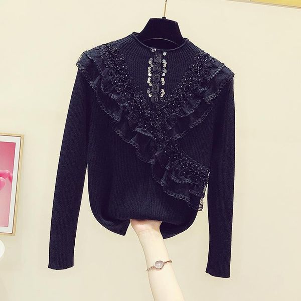 2020 autumn winter new knitwear fashion bead sequined lace stitching turtleneck slim sweater woman's knitted bottoming shirt, White;black
2020 autumn winter new knitwear fashion bead sequined lace stitching turtleneck slim sweater woman's knitted bottoming shirt, White;black