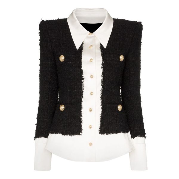 fashion designer jacket women's lion buttons satin wool blend patchwork tweed jacket 201126, Black;brown
fashion designer jacket women's lion buttons satin wool blend patchwork tweed jacket 201126, Black;brown