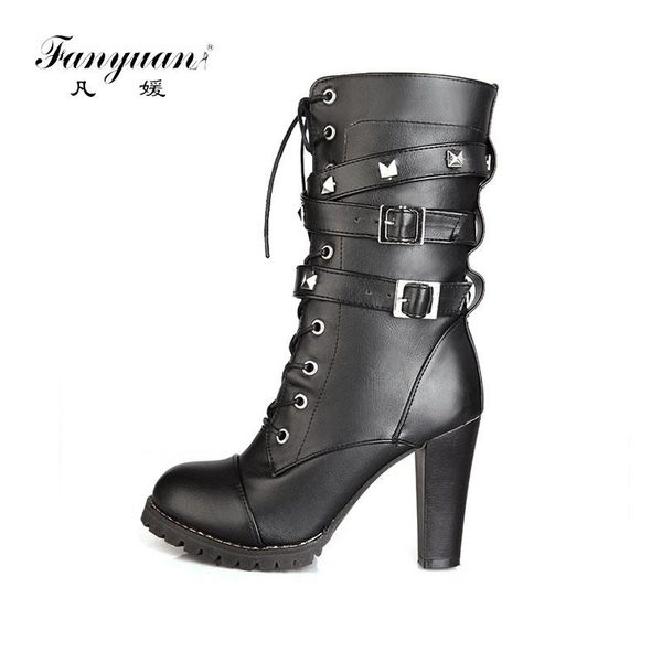 fanyuan fashion rivet belt buckle women boots lace up zip mid-calf boots solid high heel motorcycle winter warm shoes, Black
fanyuan fashion rivet belt buckle women boots lace up zip mid-calf boots solid high heel motorcycle winter warm shoes, Black