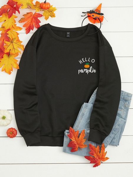 plus halloween letter & pumpkin print thermal pullover v1ll#, Black