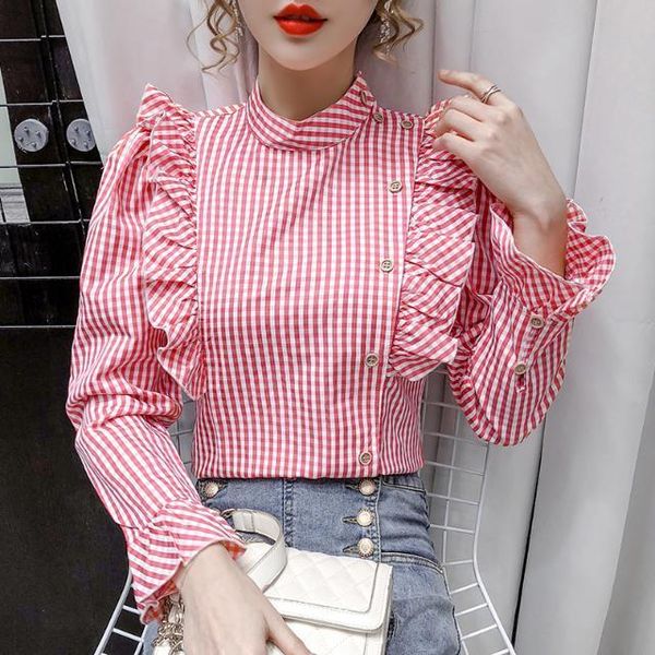 women's blouses & shirts 2021 spring autumn women korean style plaid ruffled office ladies elegant stand collar long sleeve a56, White
women's blouses & shirts 2021 spring autumn women korean style plaid ruffled office ladies elegant stand collar long sleeve a56, White