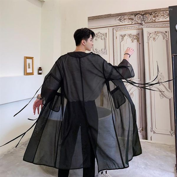 men translucent mesh trench coat male japan streetwear punk gothic hip hop long cardigan jacket stage clothing1, Tan;black
men translucent mesh trench coat male japan streetwear punk gothic hip hop long cardigan jacket stage clothing1, Tan;black