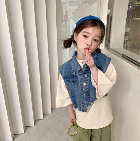 2021 new girls 2 pcs set denim vest + t shirt spring cotton fashion full sleeve girls suits 2-7 years qi656, White
2021 new girls 2 pcs set denim vest + t shirt spring cotton fashion full sleeve girls suits 2-7 years qi656, White