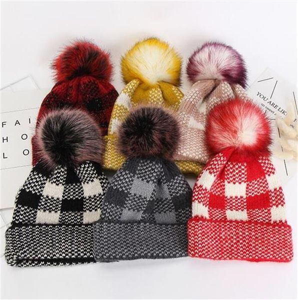 Women Beanie Hats Plaid Imitated Mink Wool Beanies Winter Warm Skull Caps Knitted Hat With Pom Pom Fashion Sports Crochet Hats Ly11062