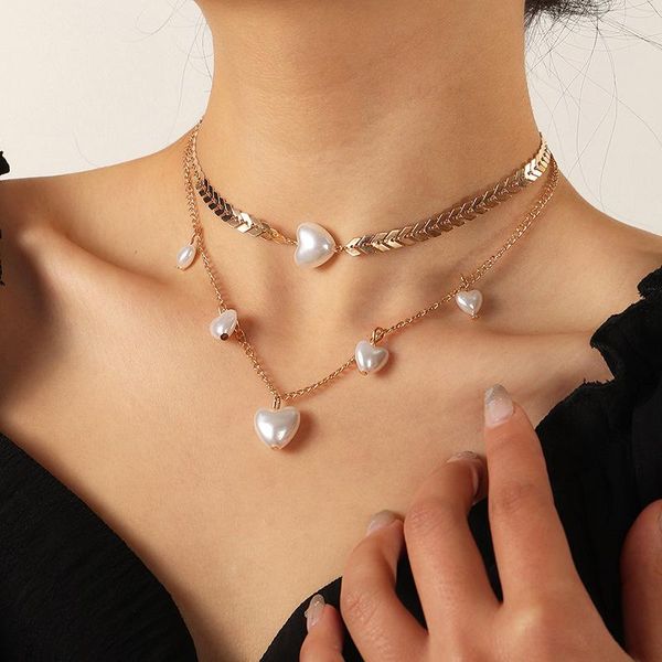 fresh style double layer fish bone hearts clavicle chain necklaces gold color simulated pearl choker necklaces 2021 new jewelry, Silver 
fresh style double layer fish bone hearts clavicle chain necklaces gold color simulated pearl choker necklaces 2021 new jewelry, Silver