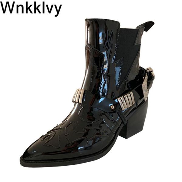 shiny leather short boots women pointed toe chunky high heels removable metal belt buckle ankle botas handsome motorcycle boots, Black
shiny leather short boots women pointed toe chunky high heels removable metal belt buckle ankle botas handsome motorcycle boots, Black