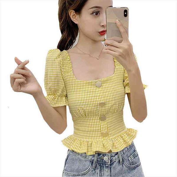 chiffon plaid women shirt puff sleeve blouses square collar slim short blouse streetwear female summer, White
chiffon plaid women shirt puff sleeve blouses square collar slim short blouse streetwear female summer, White